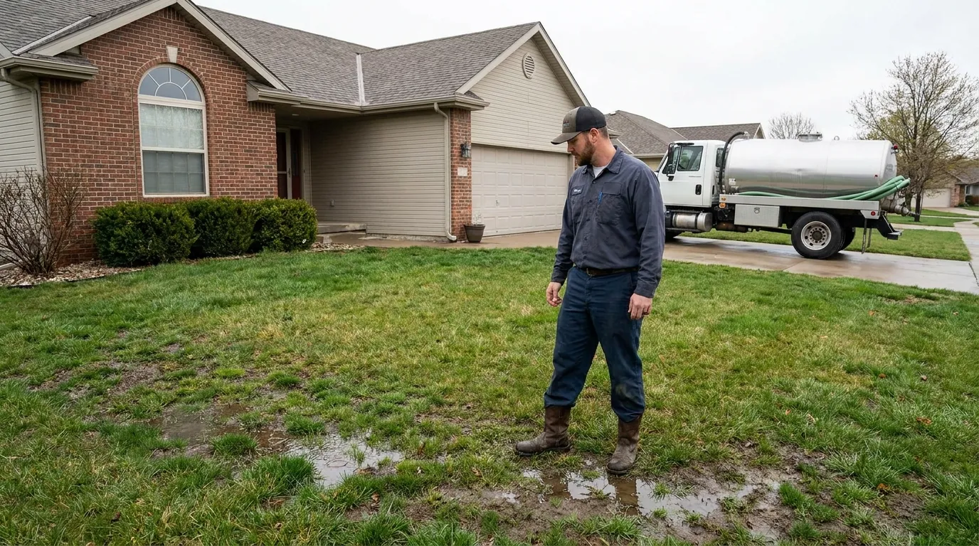 Assessing a soggy septic drain field area at a Wichita-area home