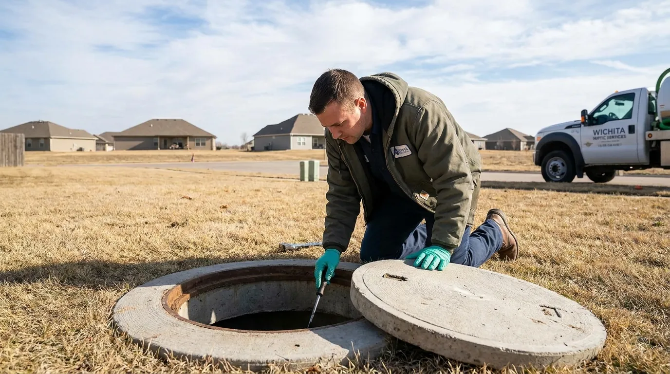 Technician inspecting an open septic tank lid at a Wichita-area property