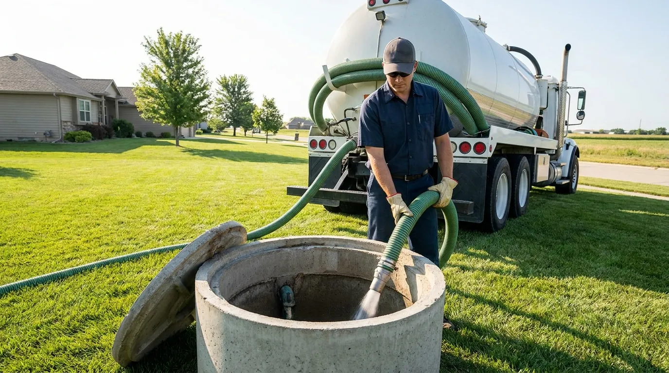 Cleaning a septic tank interior at a home in the Wichita area
